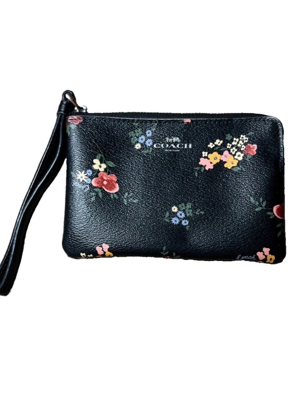 Coach Black Floral Wristlet Pouch with Multicolor Blooms
